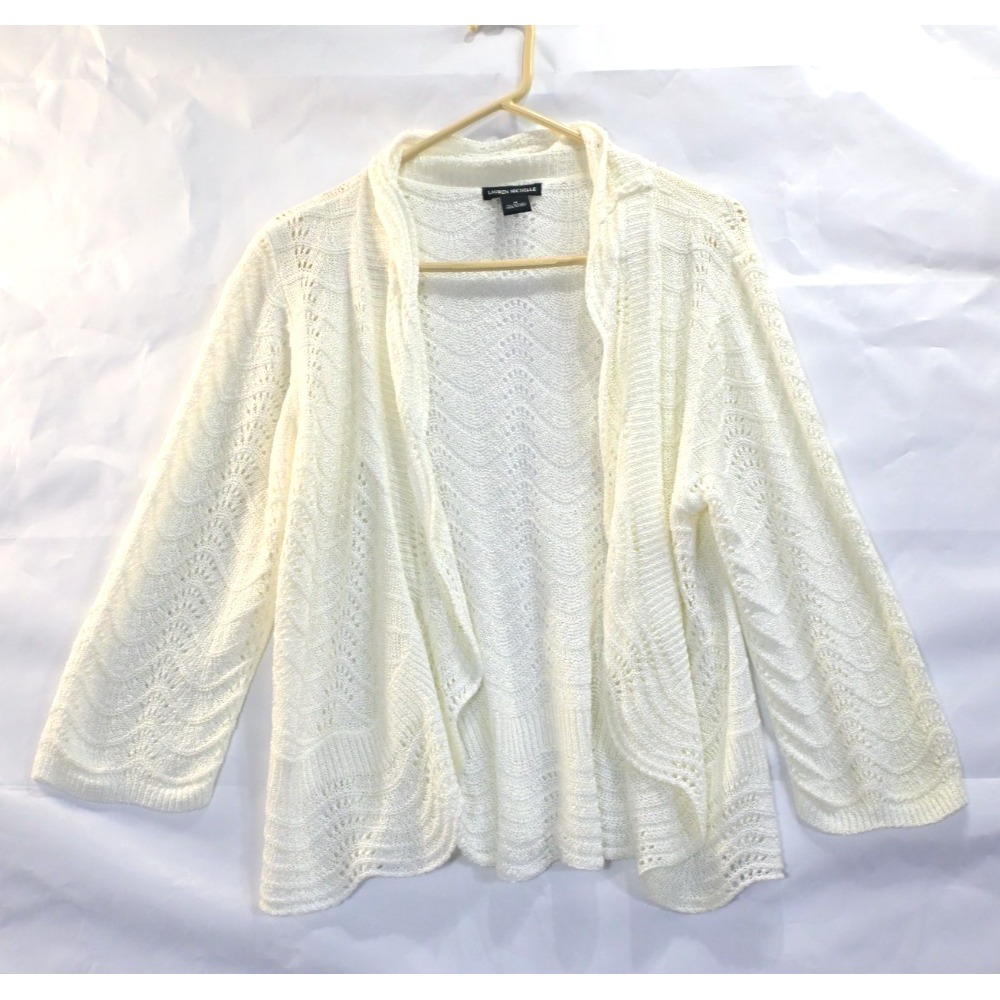 Lauren Michelle Cardigan Sweater Womens Medium Ivory Open Front Knit